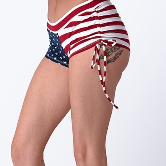 New! USA Red White Blue Flag Side Tie Ruch Shorts - Picture 5 of 6